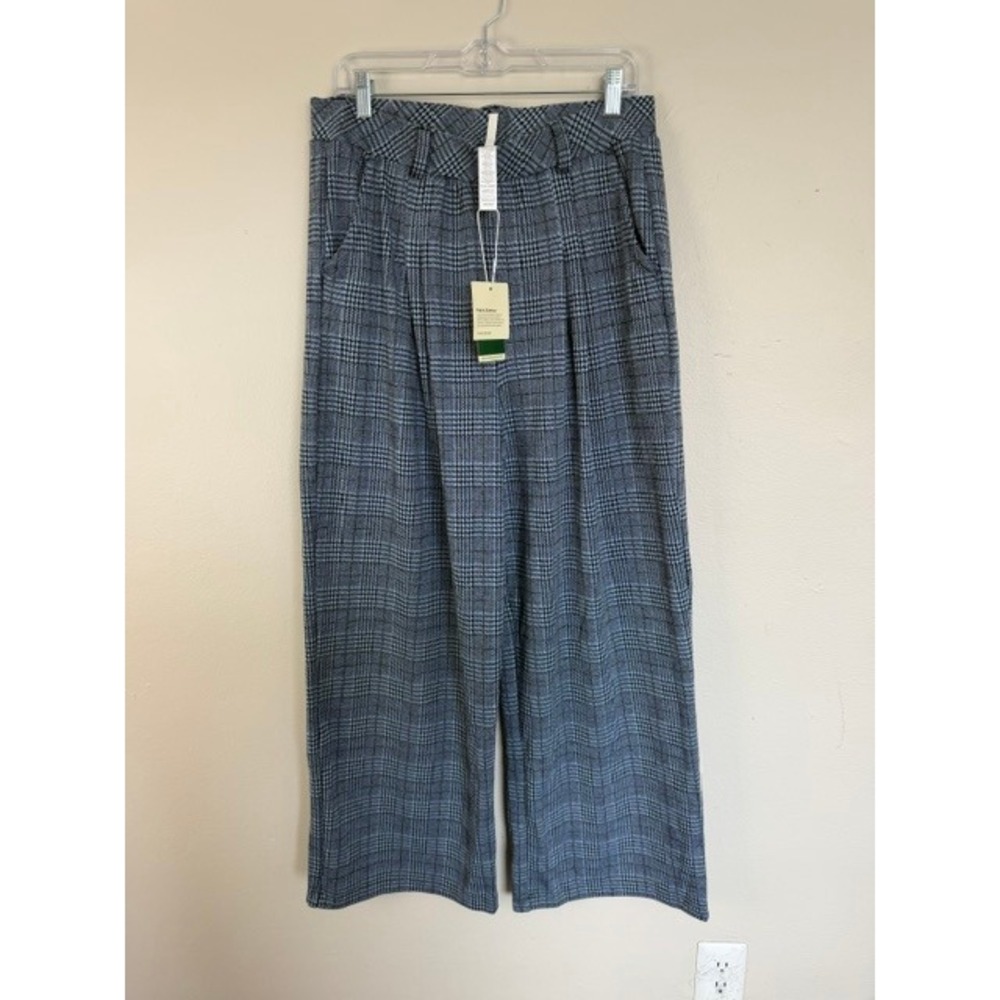 Halara Womens Blue Glen Plaid High Waisted Wide Leg Pleated Trousers Size L NWT